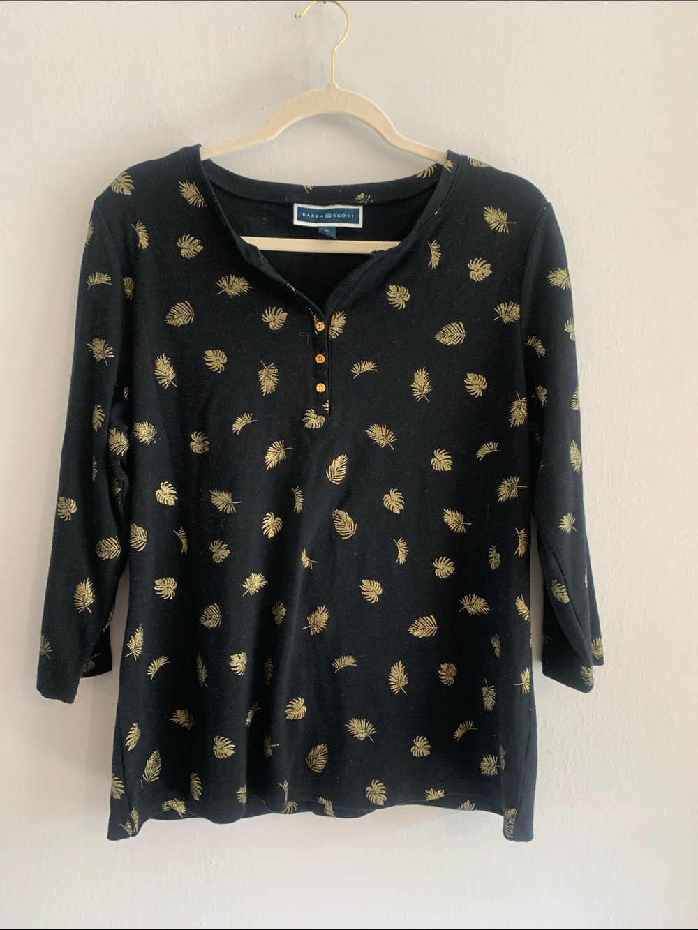 KAREN SCOTT Black Henley Top with Gold Leaf Motif